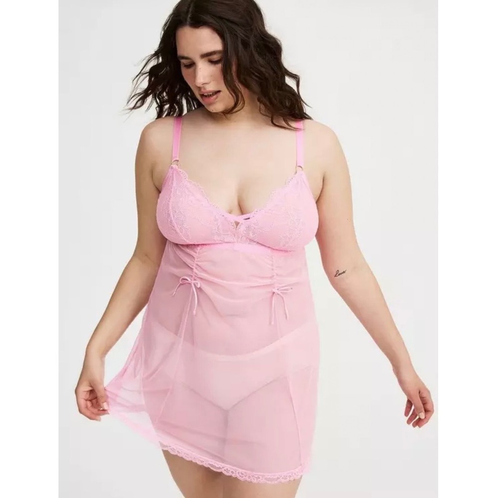 Torrid 2 Pink Mesh Wire Free Babydoll Lingerie Sleep Nightie Mini Dress Lace 2X